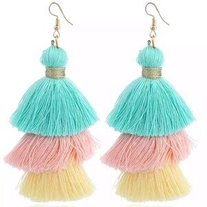 3-Tiered Tassel Earrings Mint / Yellow / Pink